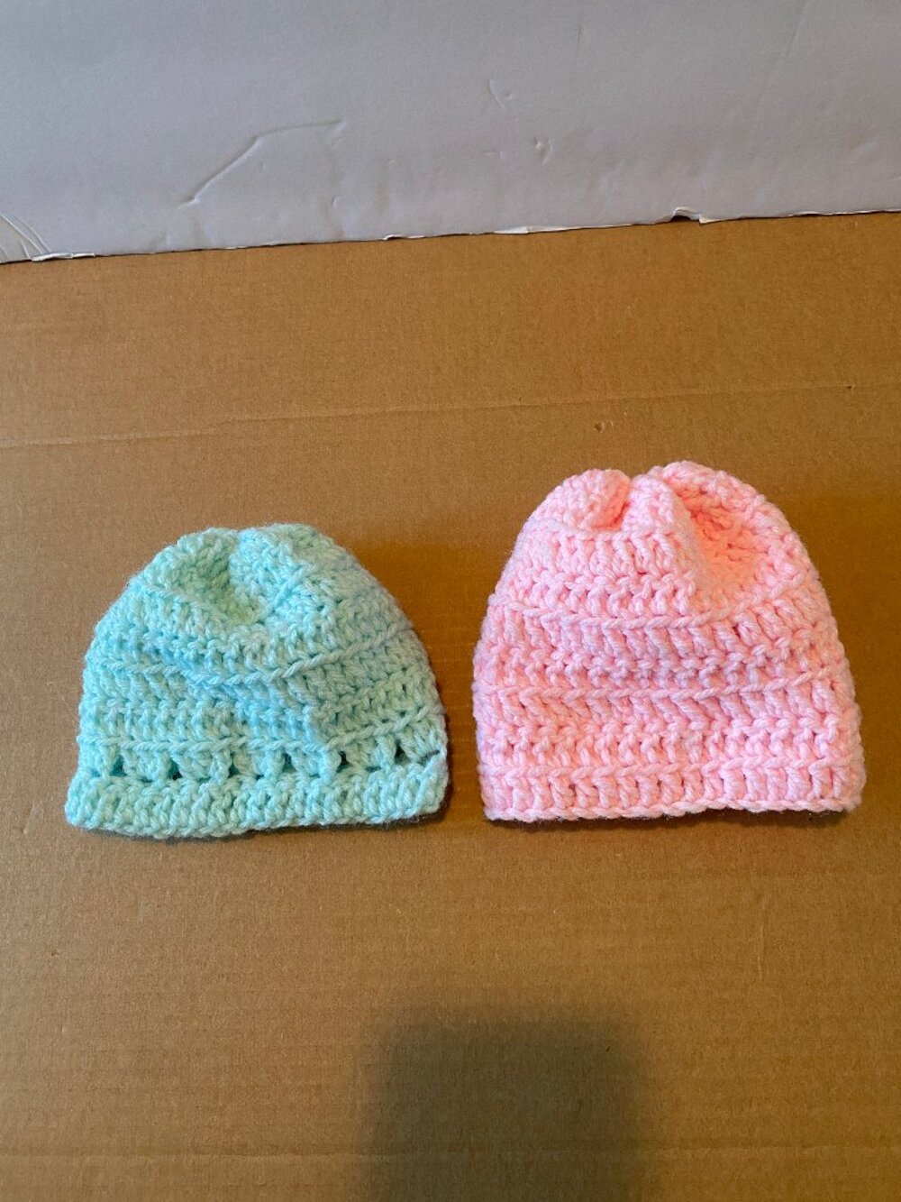 Baby Beanie Hat Hand Crochet Cap Girl Newborn Lot of 2 Pink Seafoam Green